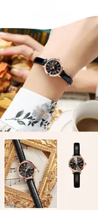 Élégante montre pour femme avec bracelet en cuir noir et boîtier rond doré rose