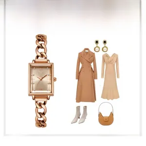 Chic rose gold rectangular watch with chain strap and elegant outfit matching guide