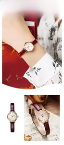 Détail du bracelet en cuir rouge vintage et boîtier doré de la montre GEDI