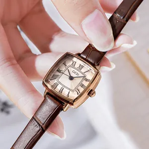 Vintage women's square quartz watch with rose gold case and brown leather crocodile strap