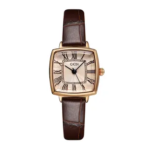 Retro square quartz watch for women with rose gold case and brown leather strap