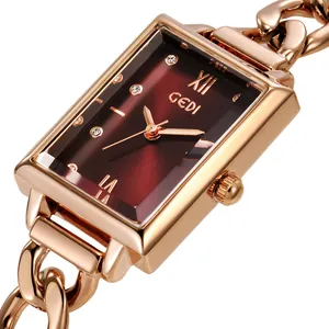 Elegant rose gold rectangular quartz watch for women with burgundy dial and crystal indices