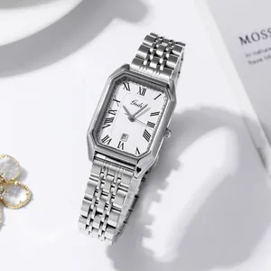 Montre à Quartz Octogonale Mode Femme Bracelet en Alliage Affichage du Calendrier Chiffres Romains Élégante Montre