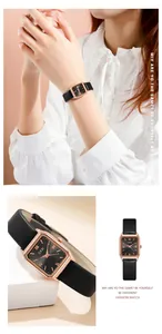 Vues détaillées d'une montre à quartz pour femme avec bracelet cuir et boîtier doré