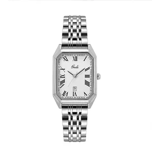Montre à quartz octogonale argentée avec chiffres romains et bracelet en acier fin