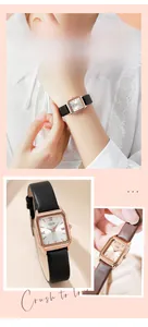 Gros plan d'une montre à quartz rectangulaire en or rose et bracelet en cuir chic
