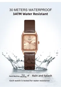 Montre carrée étanche pour femme en or rose avec bracelet en cuir et effet d'éclaboussures