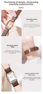 Vues détaillées d'une montre à quartz pour femme avec boîtier or rose et bracelet cuir