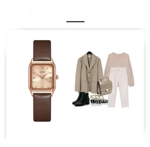 Montre carrée chic en or rose avec bracelet en cuir marron et accessoires de mode