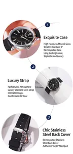 Détails de la montre à quartz avec cadran noir, verre minéral et dos en acier inoxydable
