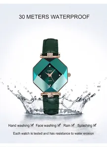 Detail der GEDI Uhr mit grünem Zifferblatt, Facettenglas und 3ATM Wasserdichtigkeit