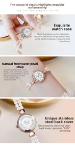 Detail einer roségoldenen Quarzuhr mit Naturperlenarmband und strukturiertem Zifferblatt