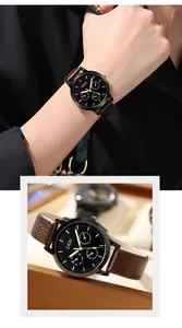 Détail de la montre à quartz GEDI avec bracelet en cuir marron et trois sous-cadrans