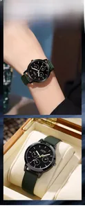 Détail de montre GEDI avec trois sous-cadrans et bracelet en cuir vert élégant