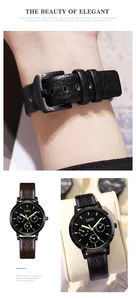 Détails de la montre GEDI en cuir noir avec index dorés et triple cadran multifonction