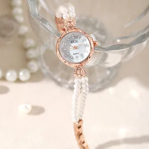 Elegante Roségold-Quarzuhr für Damen mit Perlenarmband und diamantbesetztem Zifferblatt