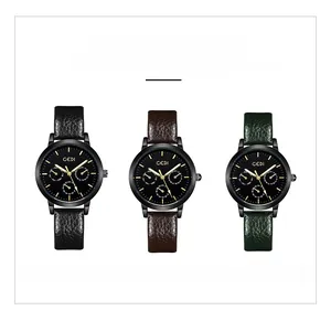 Trois montres à quartz GEDI avec bracelets en cuir noir, marron et vert foncé et boîtier doré