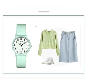 Close-up of mint green silicone watch paired with casual outfit for a stylish look