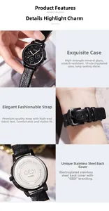 Détails de montre à quartz montrant le verre minéral, boîtier en zinc et bracelet cuir