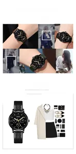 Détails de la montre en cuir à cadran noir et aiguilles dorées disponible en plusieurs coloris