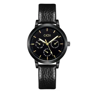 Montre à quartz GEDI style sport avec bracelet cuir noir et sous-cadrans dorés femme