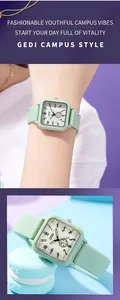 Close-up of a square mint green quartz watch with silicone strap and white dial