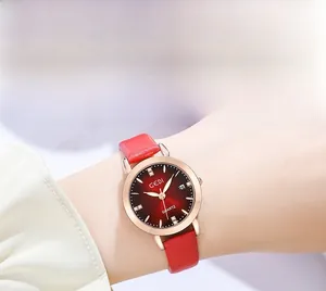 Macro shot of stylish ladies quartz watch with red leather strap and calendar date window