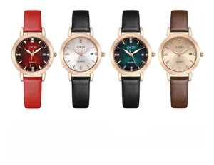 Detailed display of four leather strap quartz watches with rose gold cases and calendars