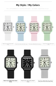 Showcase of seven colorful square quartz watches with silicone straps in various pastel tones