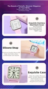 Detail view of pink square quartz watch with 16mm silicone strap and stainless steel back