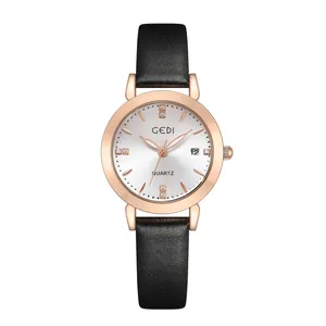 Fashionable women's quartz watch with rose gold case, date display and black leather strap
