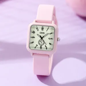 Pink square quartz watch with candy-colored silicone strap and matte finish for women