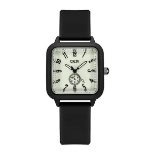 Minimalist square black quartz watch with luminous silicone strap and cream dial