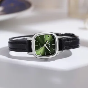 Minimalist square quartz watch with dark green sunburst dial and black leather strap