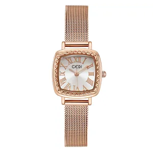 Orologio quadrato da donna in oro rosa con lunetta intrecciata e cinturino in maglia