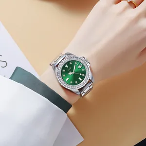 Luxus Damen-Silberstahluhr mit smaragdgrünem Zifferblatt und Kristalllünette