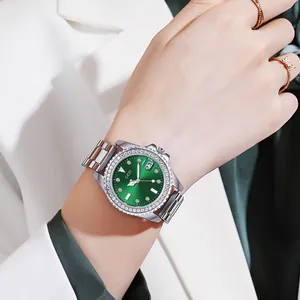 GEDI Luxus Damenarmbanduhr aus Silberstahl mit grünem Zifferblatt und Diamantlünette