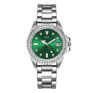 Elegante Damenuhr mit grünem Zifferblatt und Strass-Lünette auf Silberstahlband