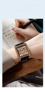 Close-up of GEDI vintage square women's watch with diamond bezel and black leather strap