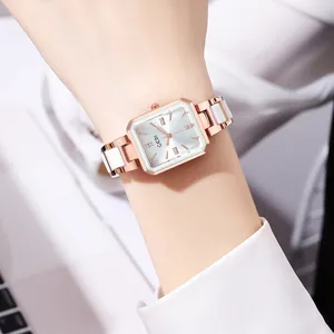 Elegante quadratische Damenuhr in Roségold mit GEDI-Logo und Keramik-Gliederarmband