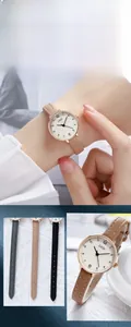 Macro view of GEDI minimalist quartz watch with white round dial and leather strap detail