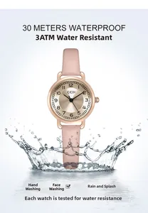 Detail showing 3ATM water resistance with water splashes on the rose gold case and pink strap