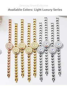 Selection of elegant quartz watches with metallic chain straps in multiple colors