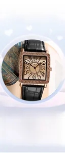 Detail of square quartz watch with crystal-encrusted bezel and black leather strap