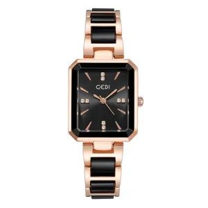 Elegante rechteckige Damenuhr in Roségold mit schwarzem Zifferblatt und Diamanten