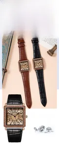 Macro detail of luxury square quartz watch with diamond-set bezel and leather strap
