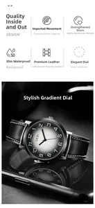 Detail view of quartz watch with black leather strap and water resistant features