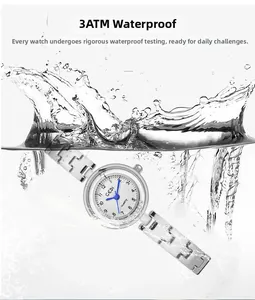 Macro view of GEDI silver bracelet watch showing 3ATM water resistance in splashing water