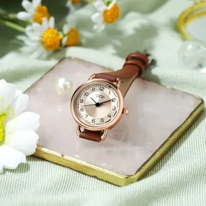 Women's Retro Fashion Quartz Watch Small Round Sunray Dial PU Leather Strap Waterproof Elegant Lady Analog Wristwatch