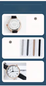 Detail view of quartz watch showing stainless steel back and multiple leather strap colors